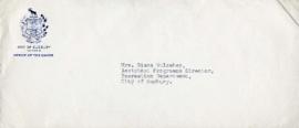 Envelope from the City of Sudbury Ontario, Office of the Mayor to Mrs. Diana Mulcahey, Assistant Programme Director, Recreation Department, City of Sudbury